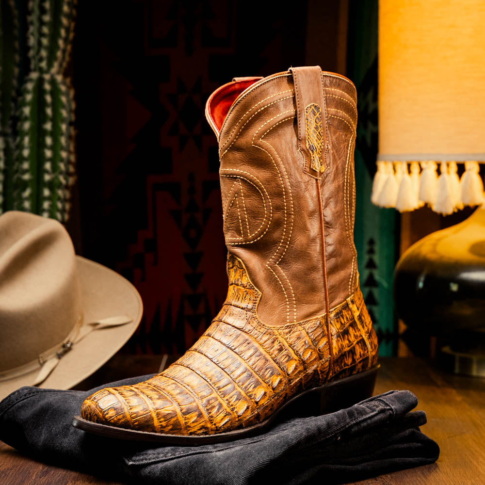 Marco Di Milano Phoenix Men's Exotic Cowboy Boots – Genuine Caiman Belly | Mustard Brown Round Toe