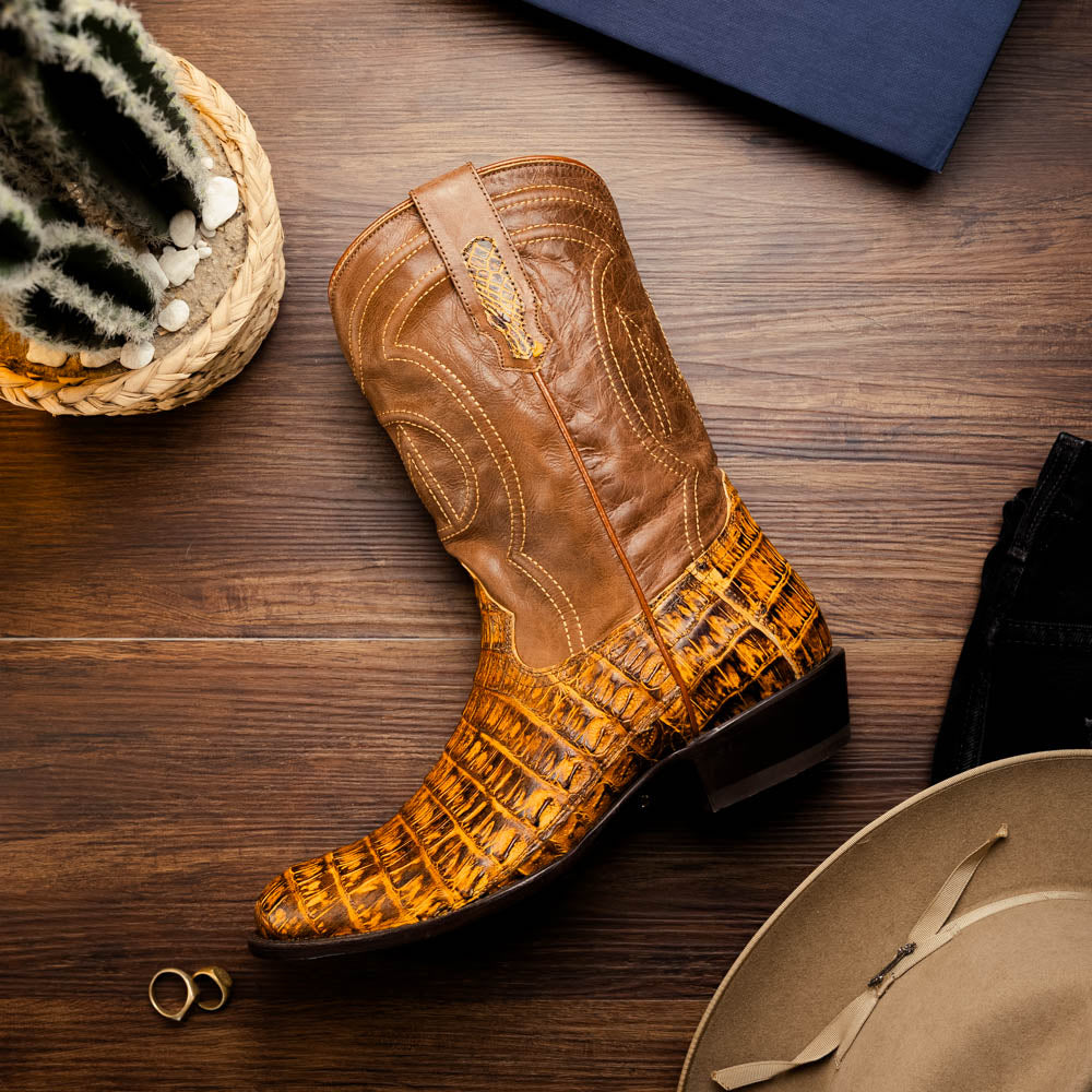 Marco Di Milano Phoenix Men's Exotic Cowboy Boots – Genuine Caiman Belly | Mustard Brown Round Toe