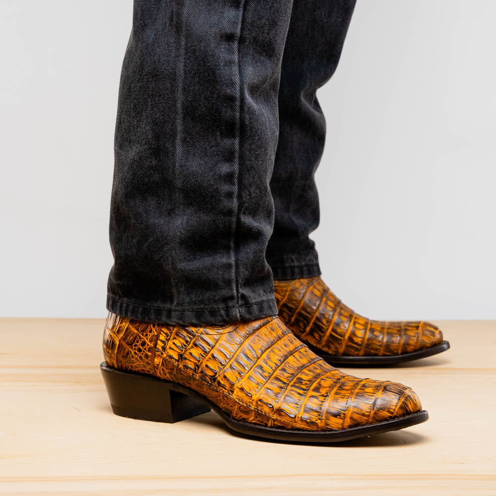 Marco Di Milano Phoenix Men's Exotic Cowboy Boots – Genuine Caiman Belly | Mustard Brown Round Toe