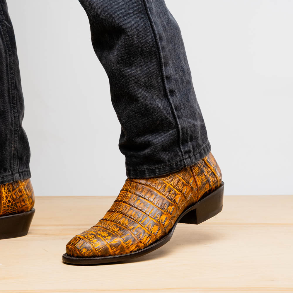 Marco Di Milano Phoenix Men's Exotic Cowboy Boots – Genuine Caiman Belly | Mustard Brown Round Toe