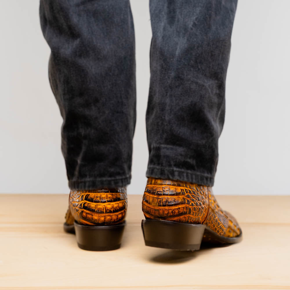 Marco Di Milano Phoenix Men's Exotic Cowboy Boots – Genuine Caiman Belly | Mustard Brown Round Toe