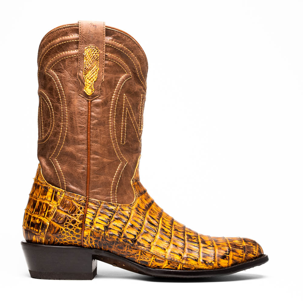 Marco Di Milano Phoenix Men's Exotic Cowboy Boots – Genuine Caiman Belly | Mustard Brown Round Toe