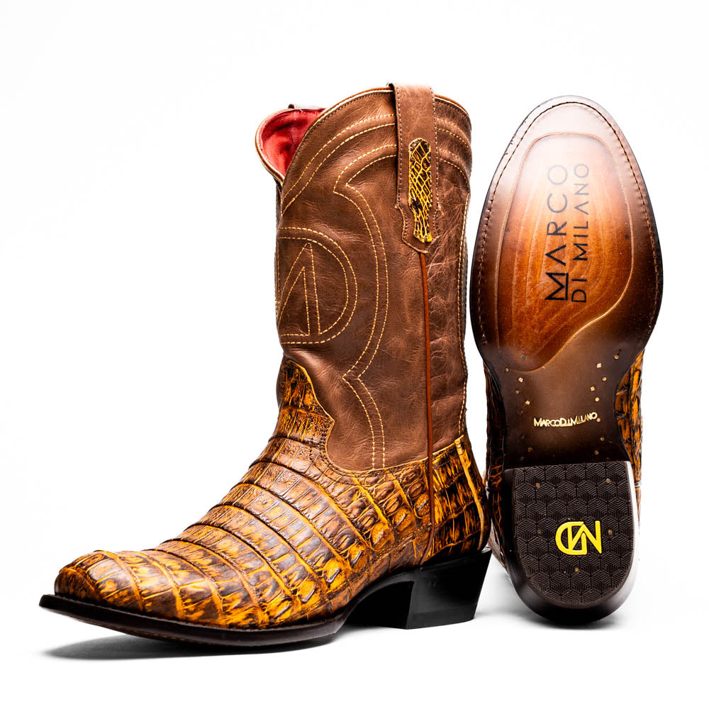 Marco Di Milano Phoenix Men's Exotic Cowboy Boots – Genuine Caiman Belly | Mustard Brown Round Toe