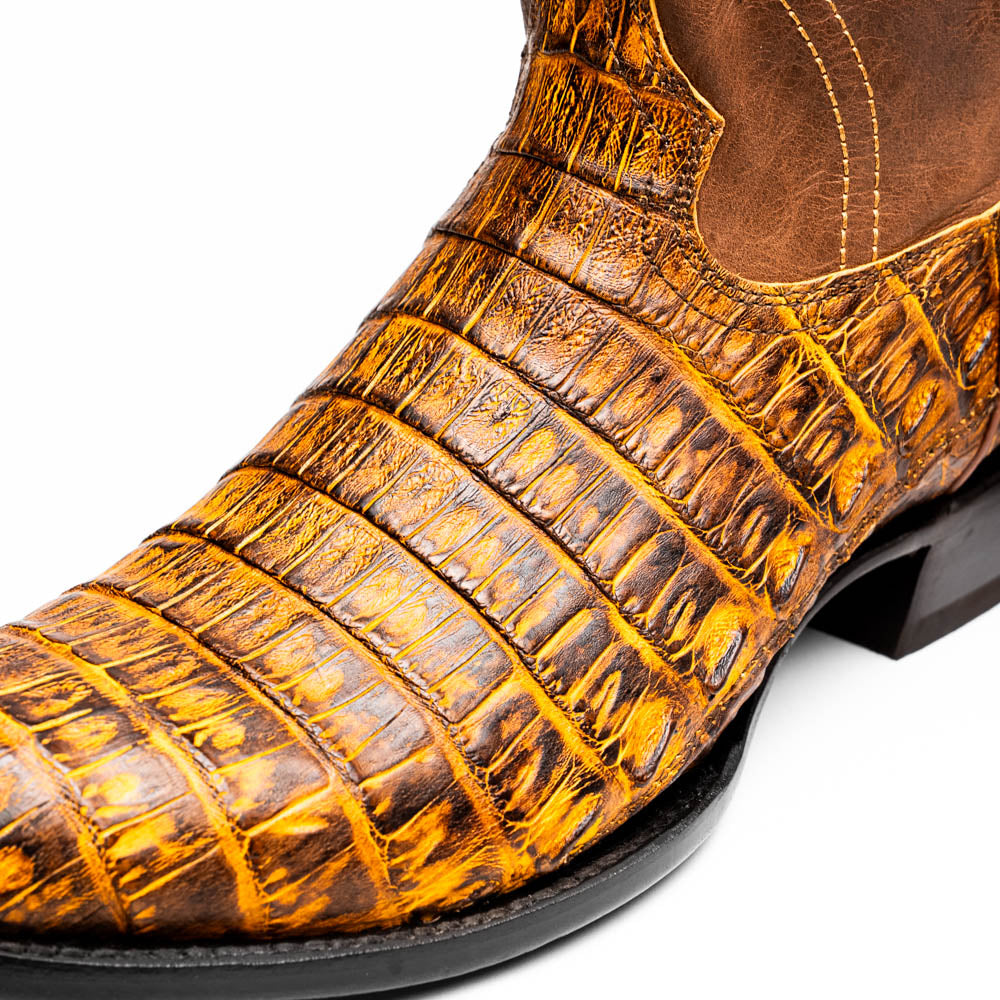 Marco Di Milano Phoenix Men's Exotic Cowboy Boots – Genuine Caiman Belly | Mustard Brown Round Toe
