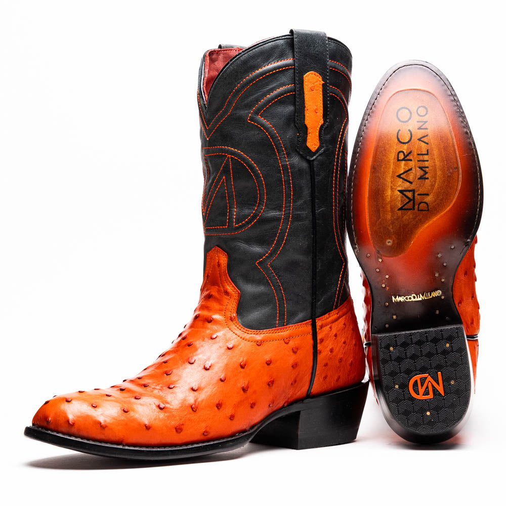 Marco Di Milano Savannah Men's Exotic Cowboy Boots – Full-Quill Ostrich | Orange Round Toe