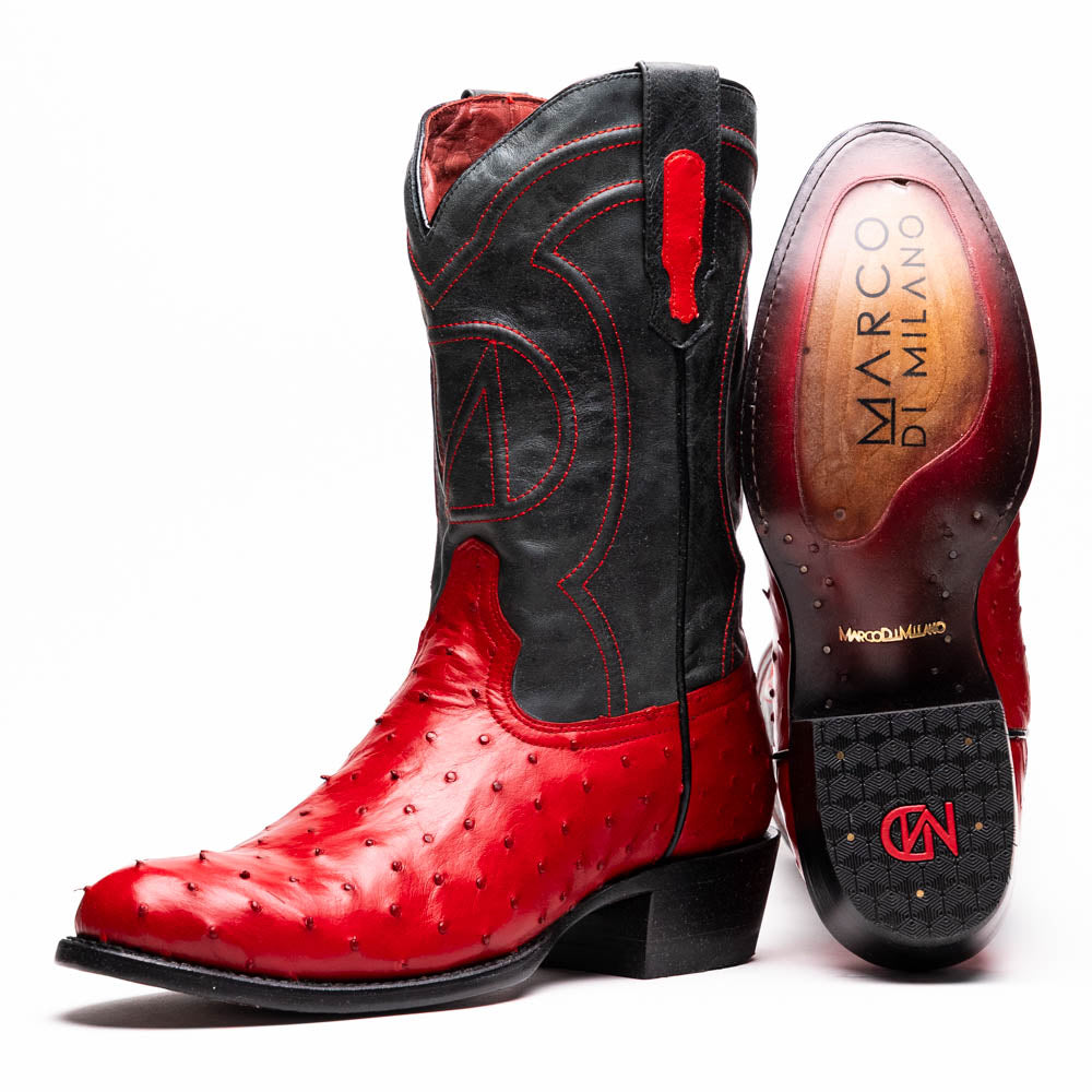 Marco Di Milano Savannah Men's Red Full-Quill Ostrich Round Toe Cowboy Boots