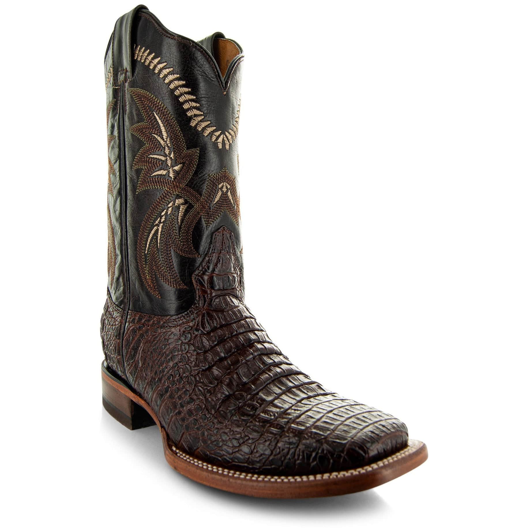 Soto Boots Men's Caiman Belly Print Cowboy Boots – Brown Leather | Broad Square Toe | Goodyear Welt