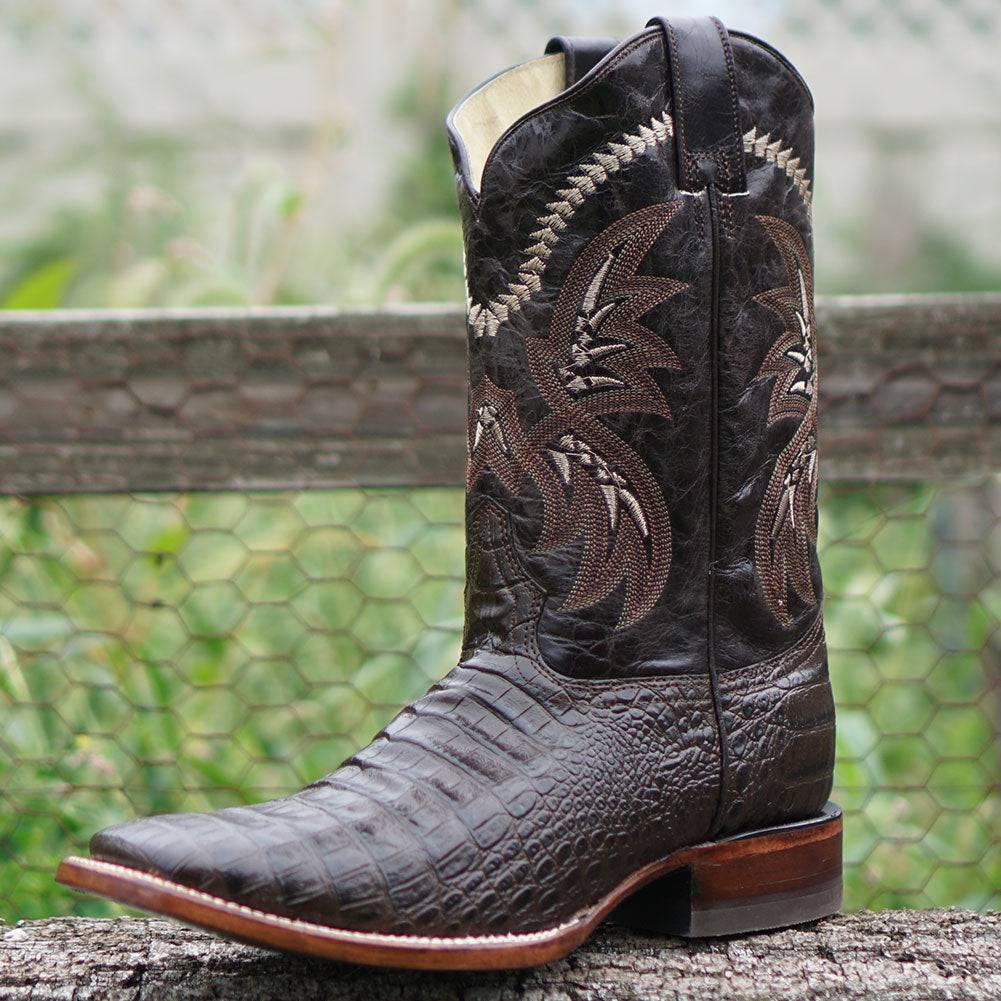 Soto Boots Men's Caiman Belly Print Cowboy Boots – Brown Leather | Broad Square Toe | Goodyear Welt