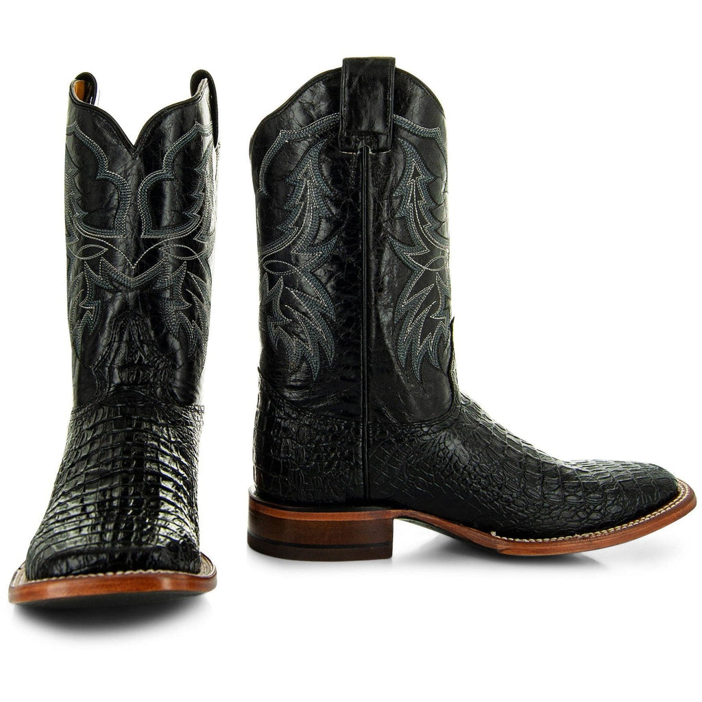 Soto Boots Men's Caiman Belly Print Cowboy Boots – Black Leather | Broad Square Toe | Goodyear Welt