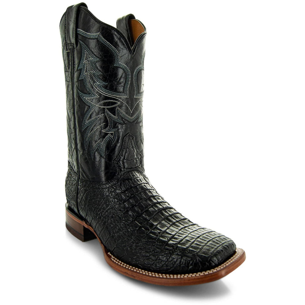 Soto Boots Men's Caiman Belly Print Cowboy Boots – Black Leather | Broad Square Toe | Goodyear Welt
