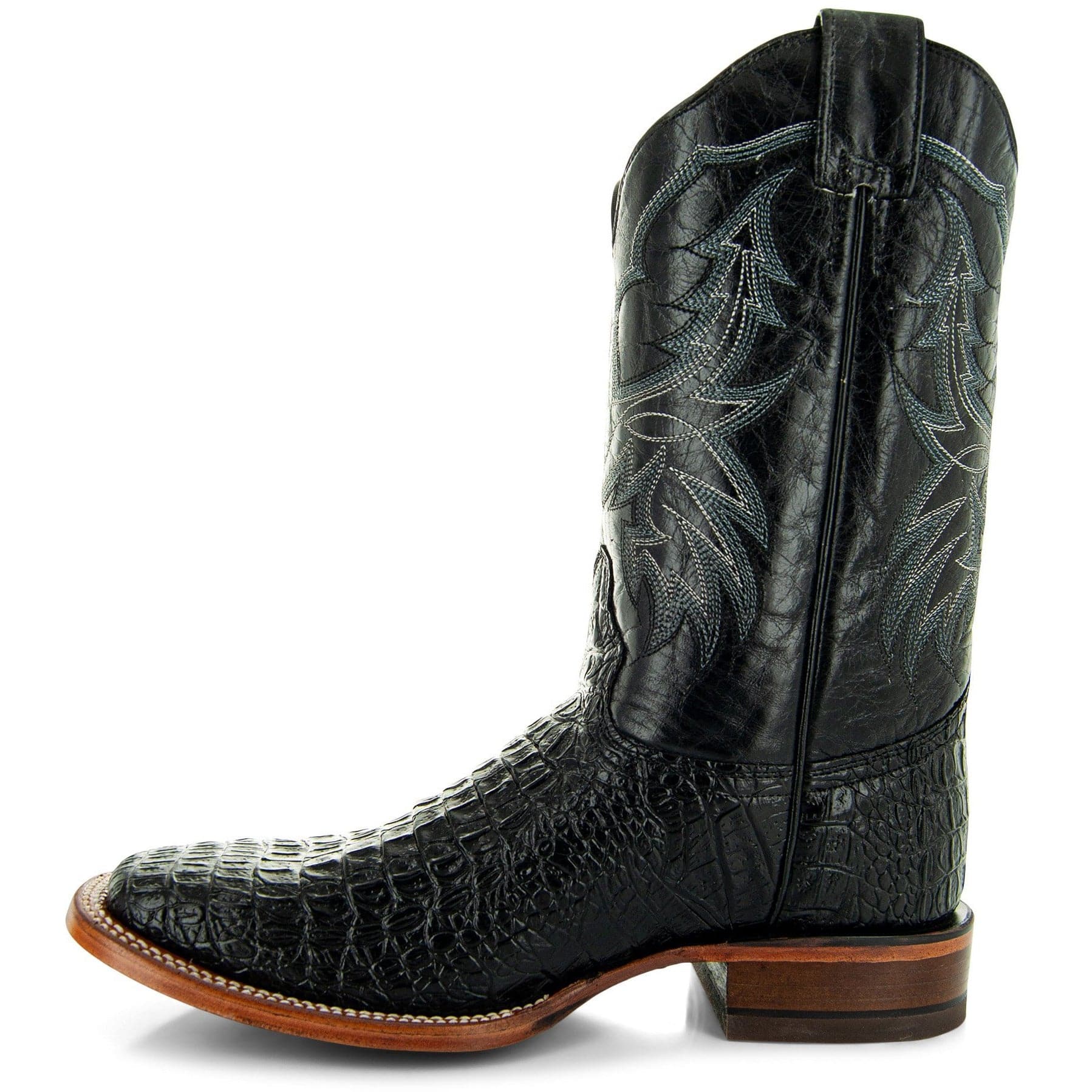 Soto Boots Men's Caiman Belly Print Cowboy Boots – Black Leather | Broad Square Toe | Goodyear Welt