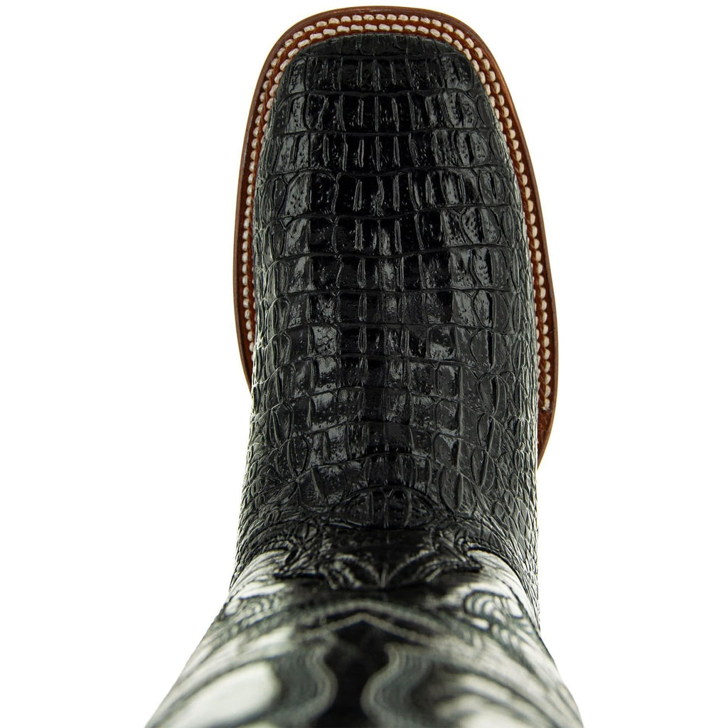 Soto Boots Men's Caiman Belly Print Cowboy Boots – Black Leather | Broad Square Toe | Goodyear Welt