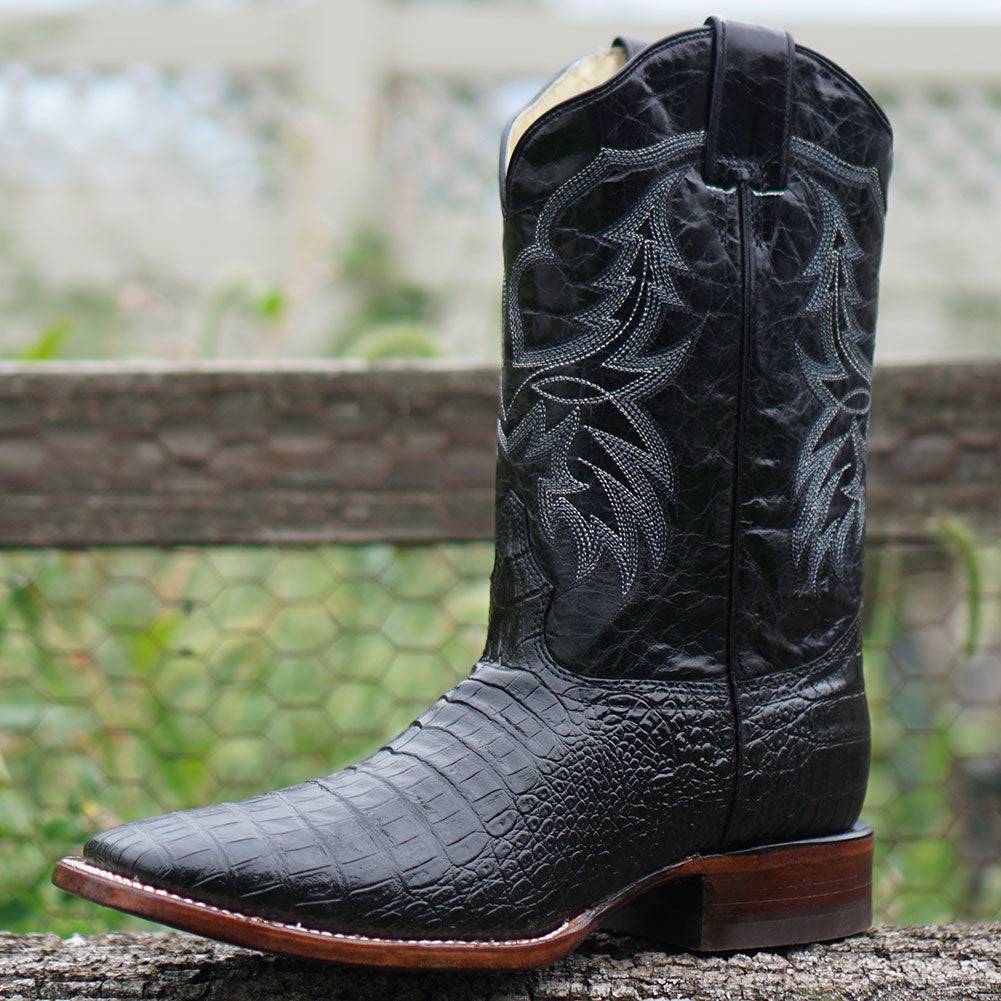 Soto Boots Men's Caiman Belly Print Cowboy Boots – Black Leather | Broad Square Toe | Goodyear Welt