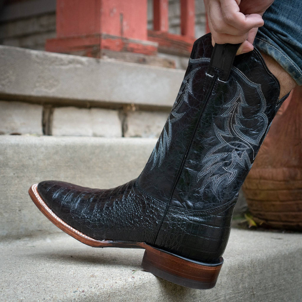 Soto Boots Men's Caiman Belly Print Cowboy Boots – Black Leather | Broad Square Toe | Goodyear Welt