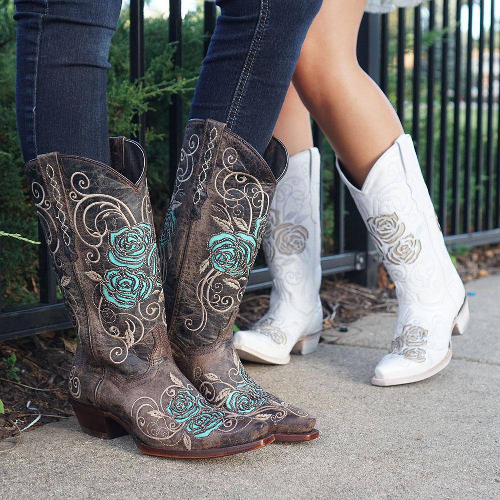 Soto Boots Women's White Rose Inlayed Cowgirl Boots – White Leather | Snip Toe | Handmade