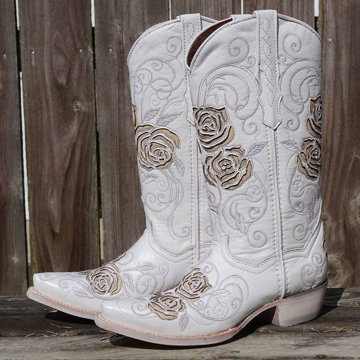 Soto Boots Women's White Rose Inlayed Cowgirl Boots – White Leather | Snip Toe | Handmade