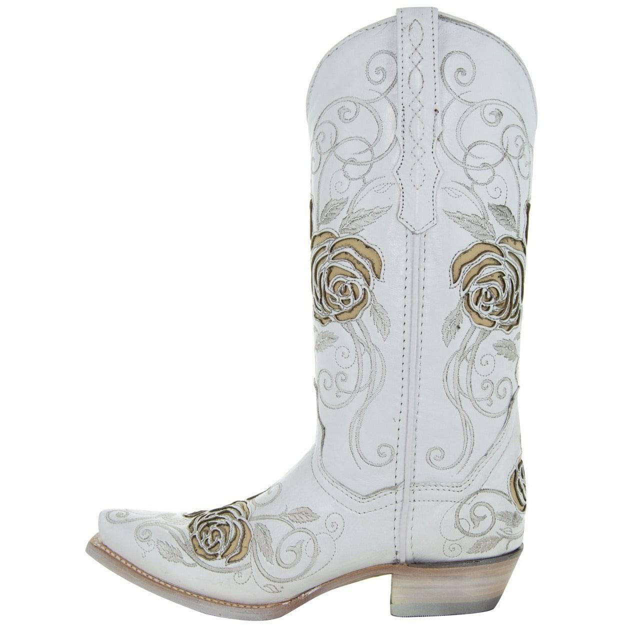 Soto Boots Women's White Rose Inlayed Cowgirl Boots – White Leather | Snip Toe | Handmade