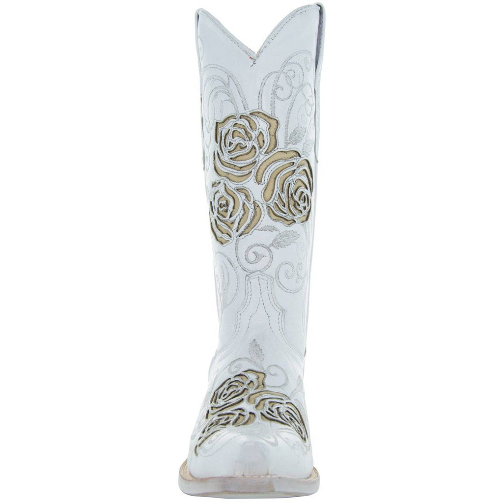 Soto Boots Women's White Rose Inlayed Cowgirl Boots – White Leather | Snip Toe | Handmade