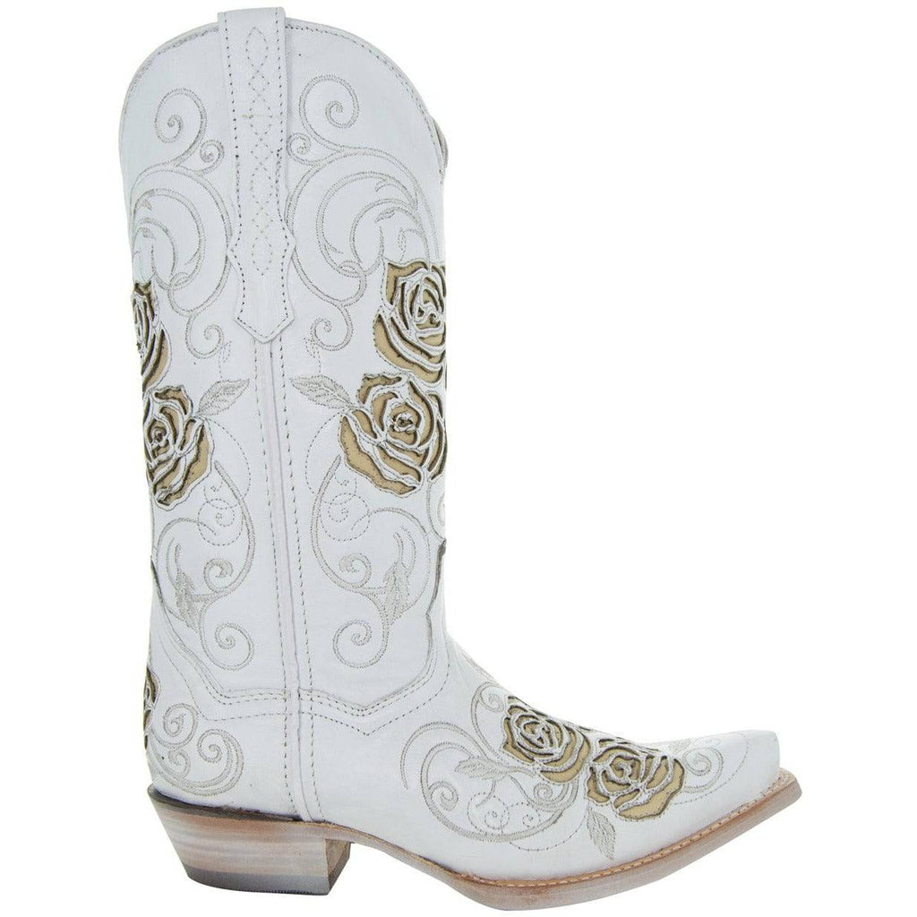 Soto Boots Women's White Rose Inlayed Cowgirl Boots – White Leather | Snip Toe | Handmade