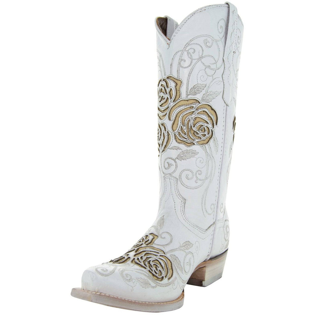 Soto Boots Women's White Rose Inlayed Cowgirl Boots – White Leather | Snip Toe | Handmade