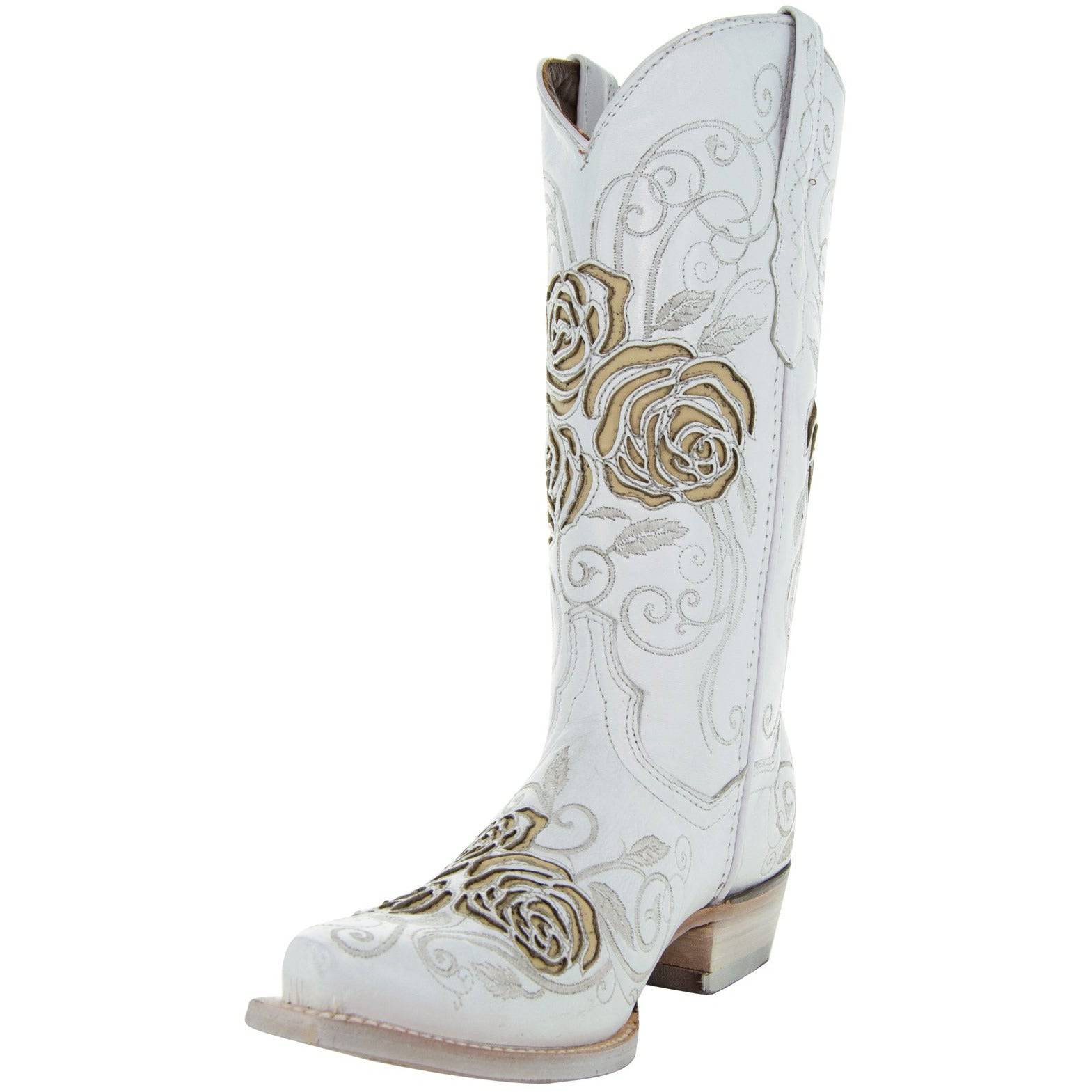 Soto Boots Women's White Rose Inlayed Cowgirl Boots – White Leather | Snip Toe | Handmade