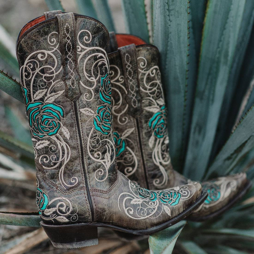 Soto Boots Women's Turquoise Rose Inlayed Cowgirl Boots – Brown Leather | Snip Toe | Handmade