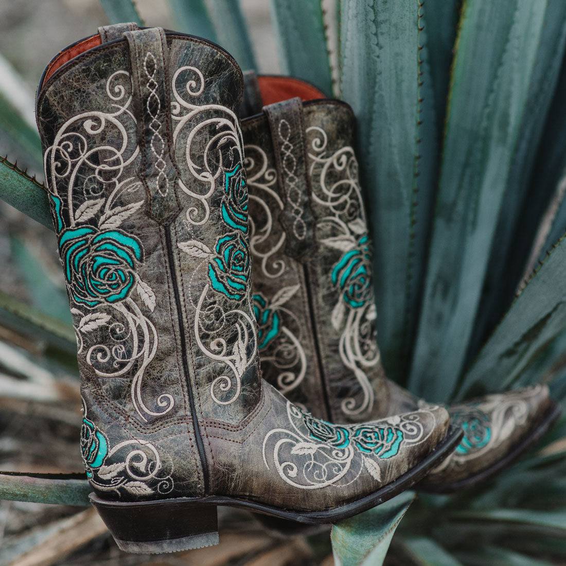 Soto Boots Women's Turquoise Rose Inlayed Cowgirl Boots – Brown Leather | Snip Toe | Handmade