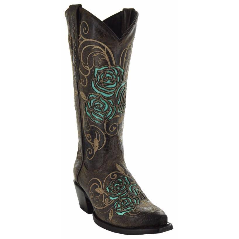Soto Boots Women's Turquoise Rose Inlayed Cowgirl Boots – Brown Leather | Snip Toe | Handmade