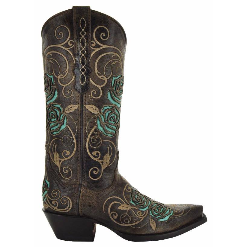Soto Boots Women's Turquoise Rose Inlayed Cowgirl Boots – Brown Leather | Snip Toe | Handmade