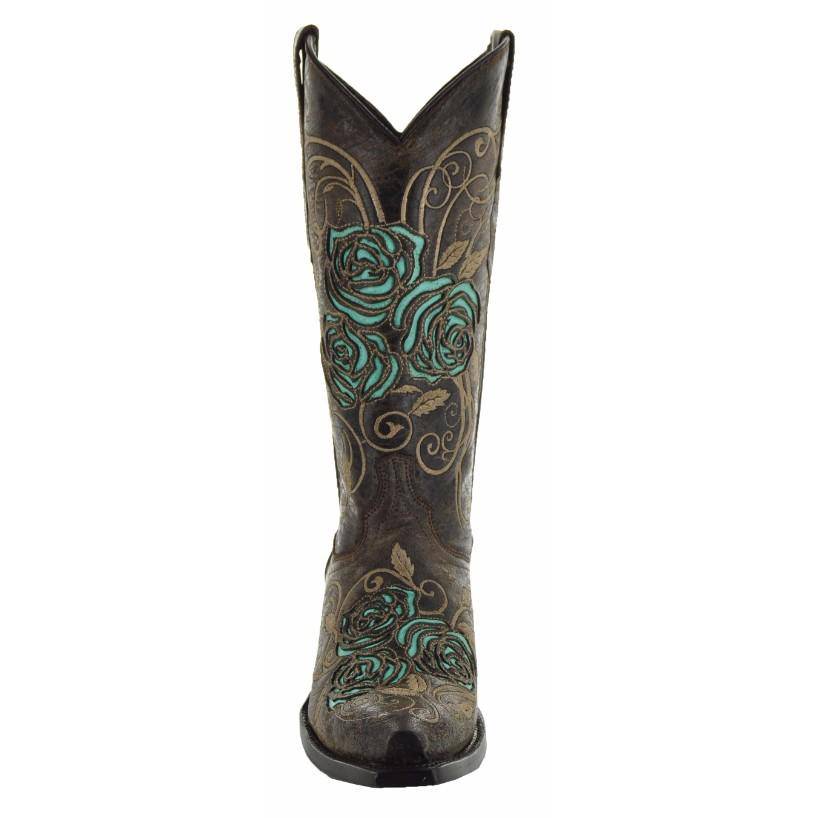 Soto Boots Women's Turquoise Rose Inlayed Cowgirl Boots – Brown Leather | Snip Toe | Handmade