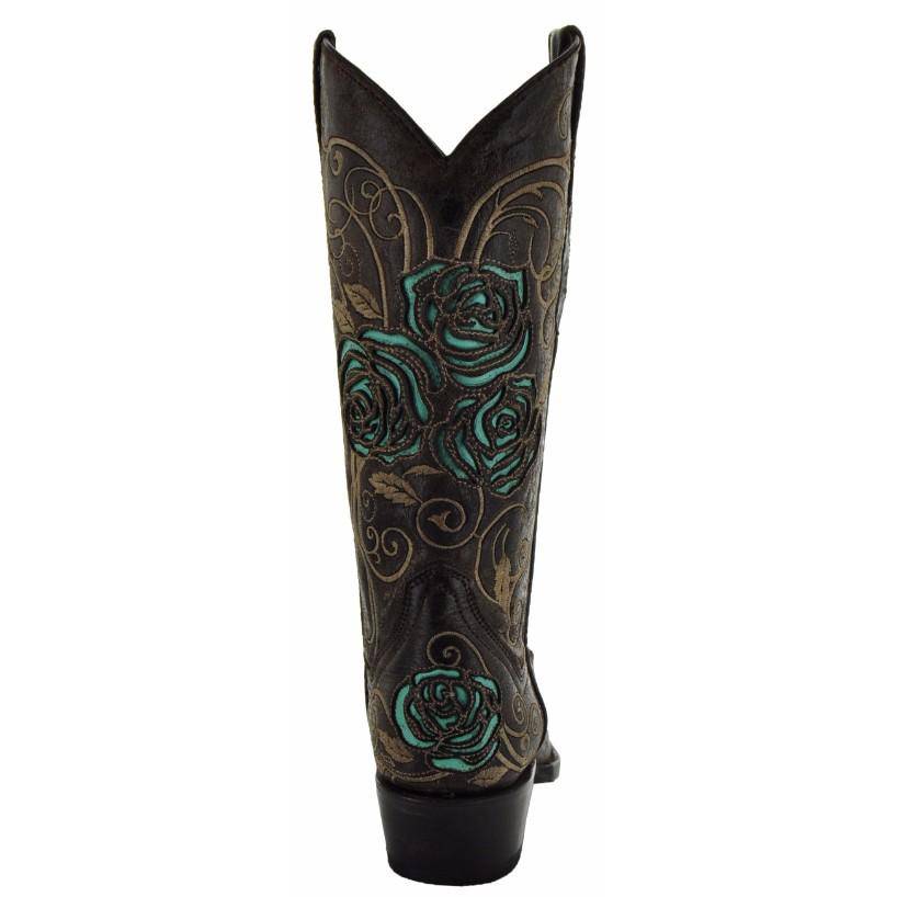 Soto Boots Women's Turquoise Rose Inlayed Cowgirl Boots – Brown Leather | Snip Toe | Handmade