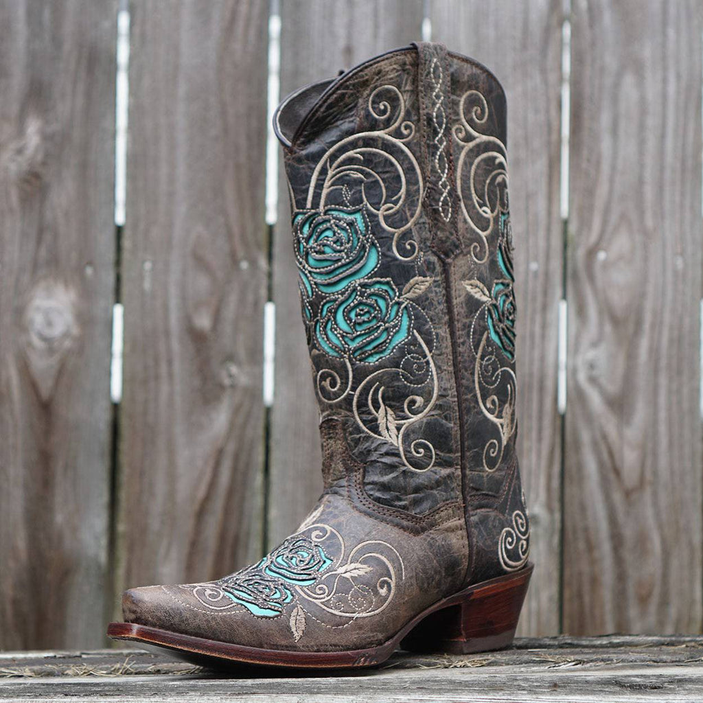 Soto Boots Women's Turquoise Rose Inlayed Cowgirl Boots – Brown Leather | Snip Toe | Handmade