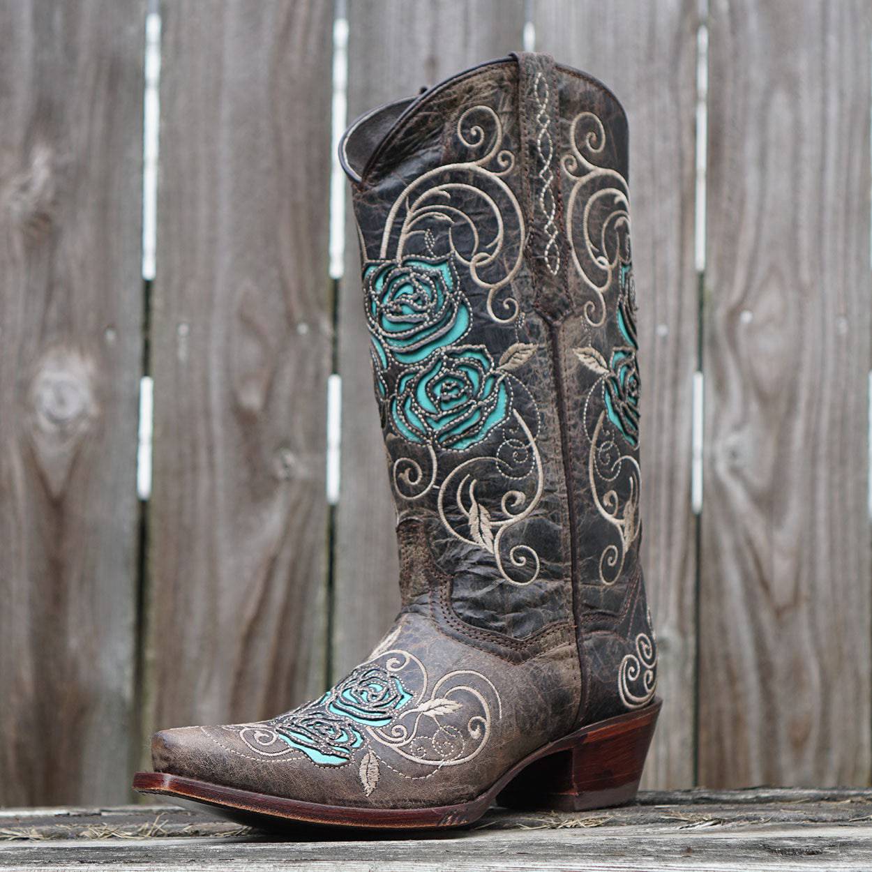Soto Boots Women's Turquoise Rose Inlayed Cowgirl Boots – Brown Leather | Snip Toe | Handmade