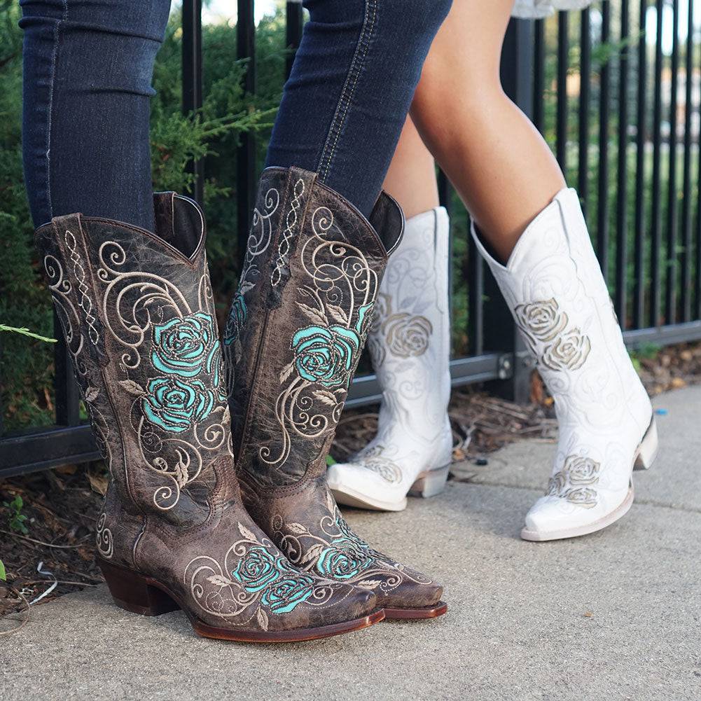 Soto Boots Women's Turquoise Rose Inlayed Cowgirl Boots – Brown Leather | Snip Toe | Handmade