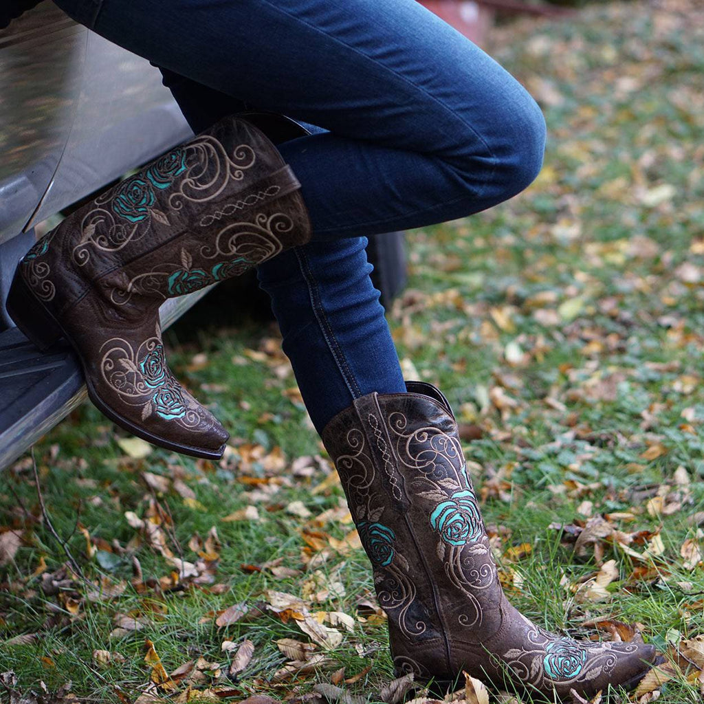 Soto Boots Women's Turquoise Rose Inlayed Cowgirl Boots – Brown Leather | Snip Toe | Handmade