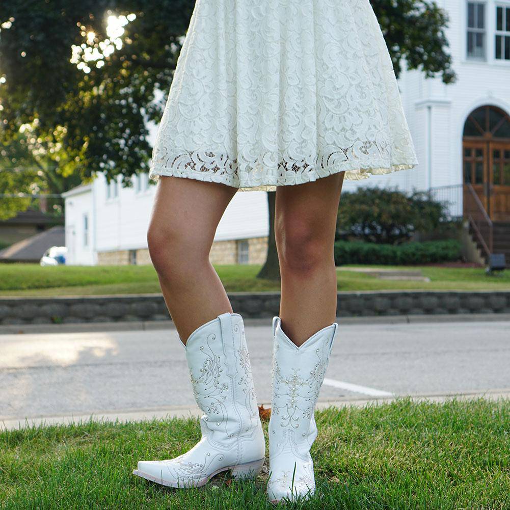 Soto Boots Women's White Rhinestone Embroidered Cowgirl Boot – Wedding Cowgirl Boot | Snip Toe