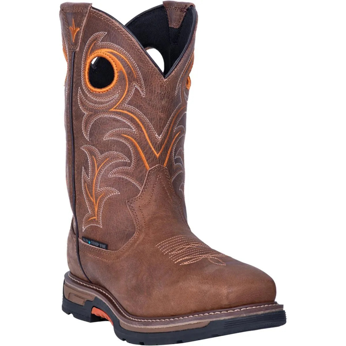 Brown cowboy boot with orange stitching on a white background