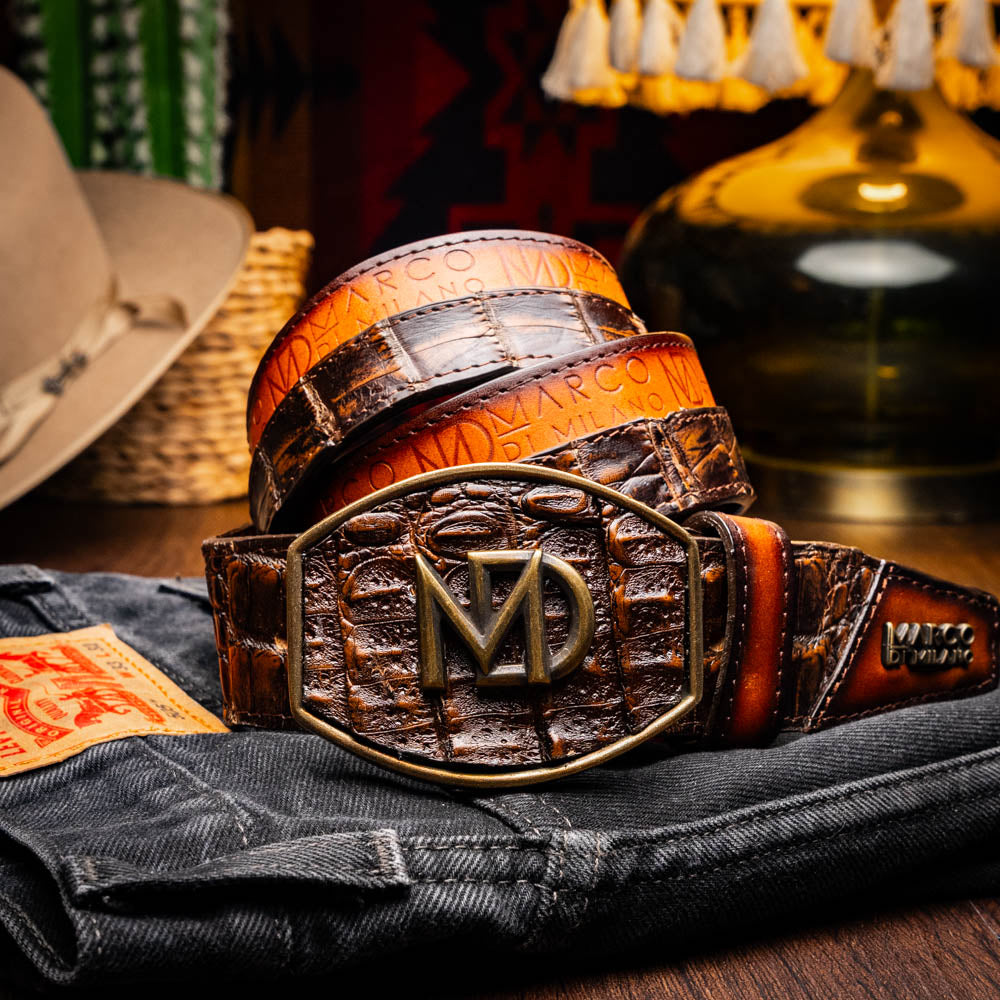 Marco Di Milano Texas Men's Exotic Western Belt – Caiman & Calfskin | Aged Brown