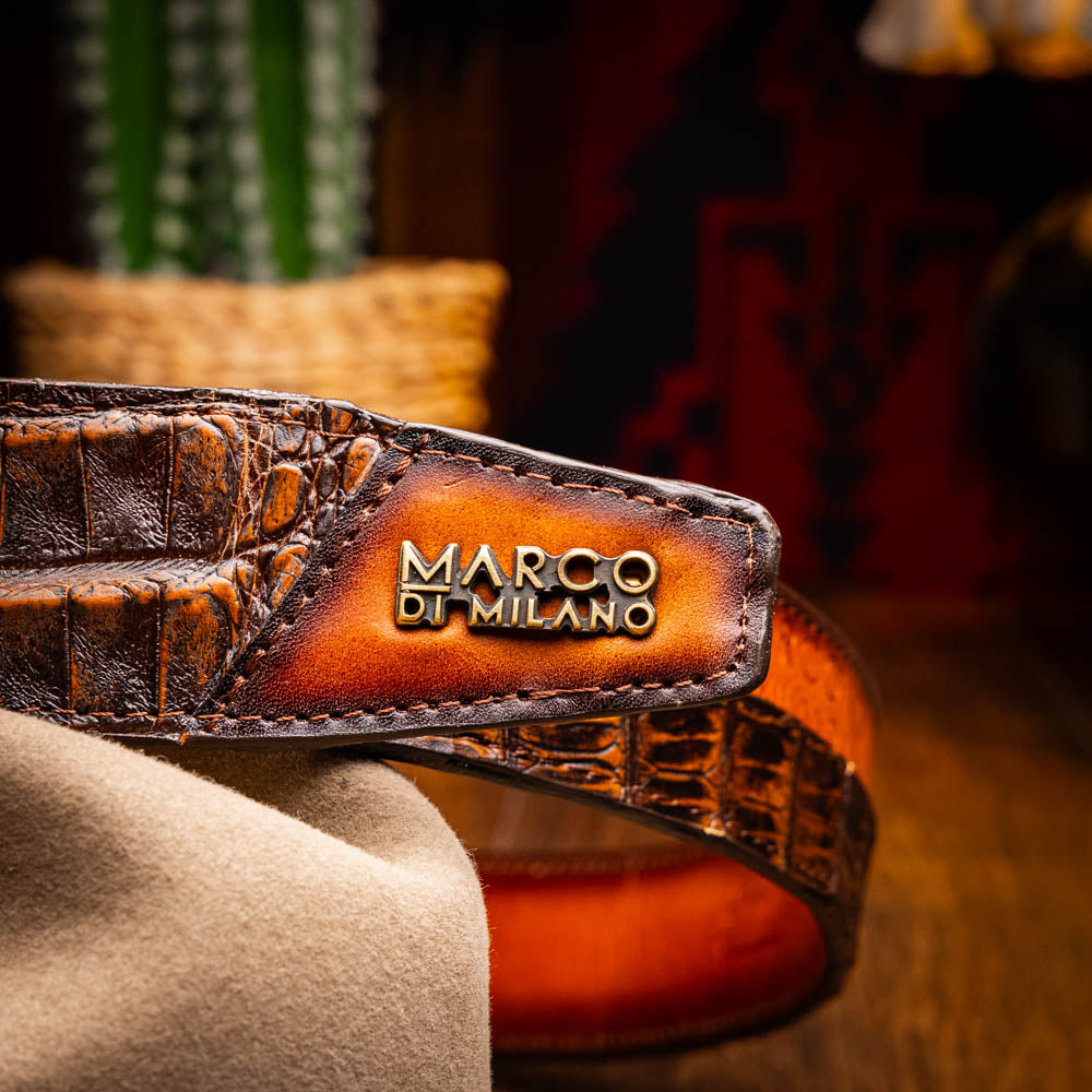 Marco Di Milano Texas Men's Exotic Western Belt – Caiman & Calfskin | Aged Brown