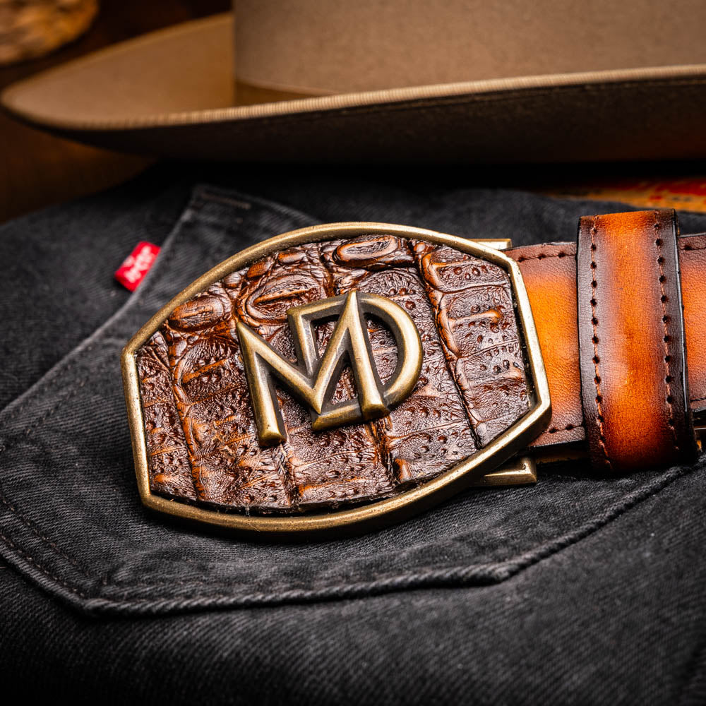 Marco Di Milano Texas Men's Exotic Western Belt – Caiman & Calfskin | Aged Brown