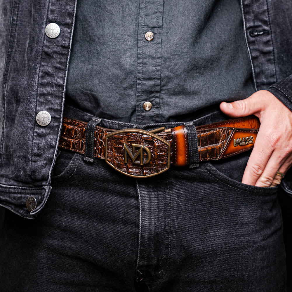 Marco Di Milano Texas Men's Exotic Western Belt – Caiman & Calfskin | Aged Brown