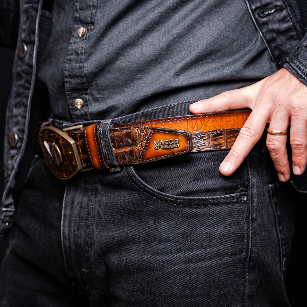 Marco Di Milano Texas Men's Exotic Western Belt – Caiman & Calfskin | Aged Brown