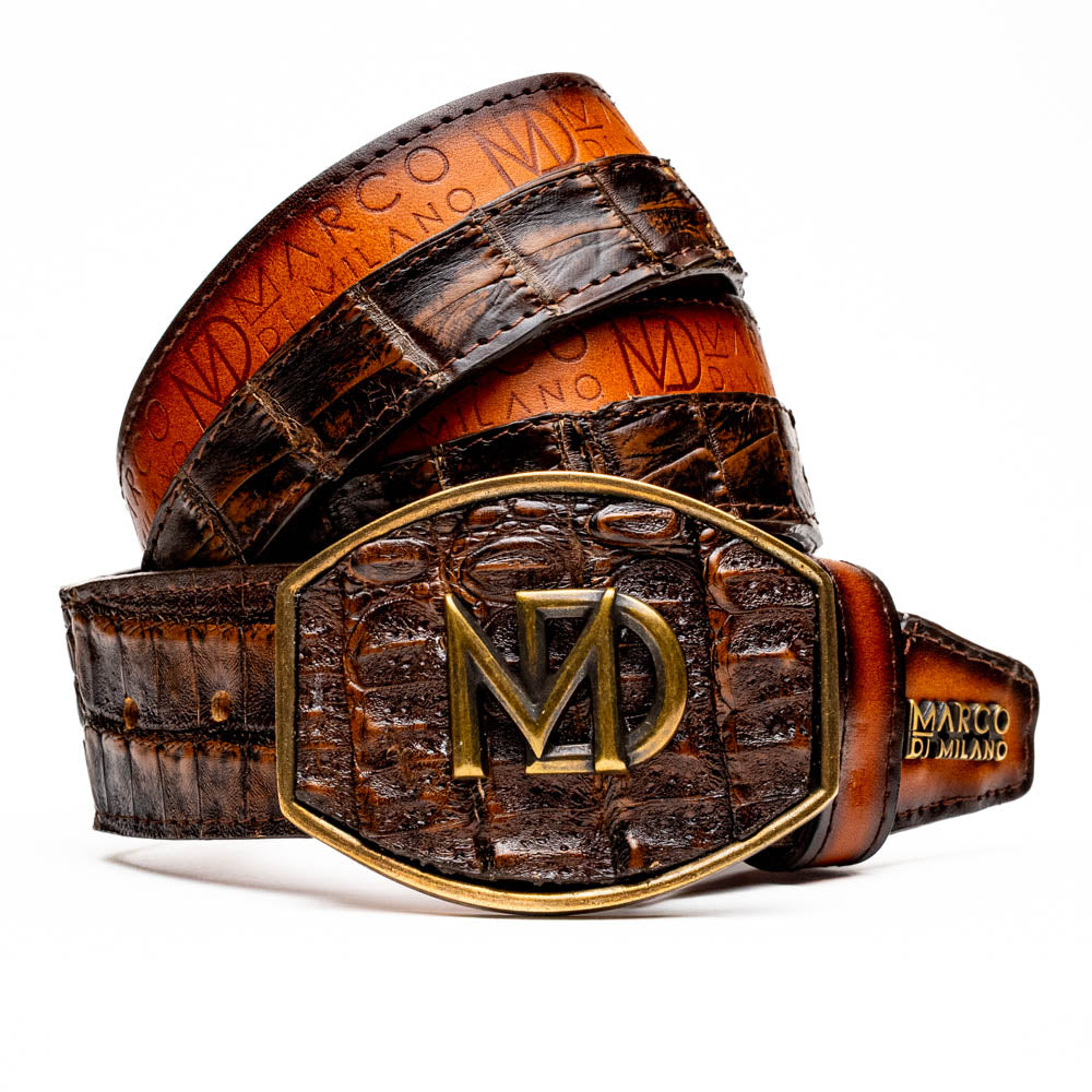 Marco Di Milano Texas Men's Exotic Western Belt – Caiman & Calfskin | Aged Brown