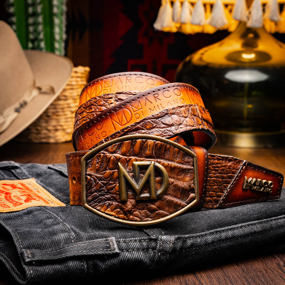 Marco Di Milano Texas Men's Exotic Western Belt – Caiman & Calfskin | Aged Maple