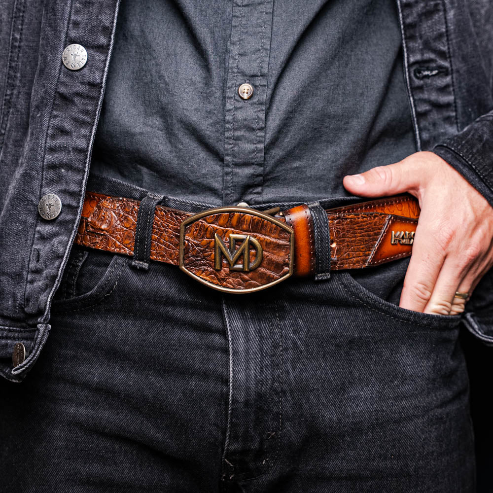 Marco Di Milano Texas Men's Exotic Western Belt – Caiman & Calfskin | Aged Maple