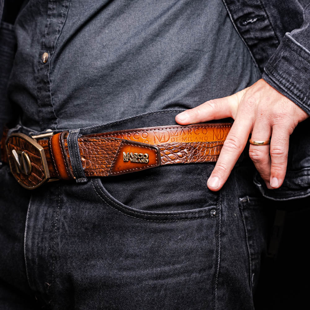 Marco Di Milano Texas Men's Exotic Western Belt – Caiman & Calfskin | Aged Maple