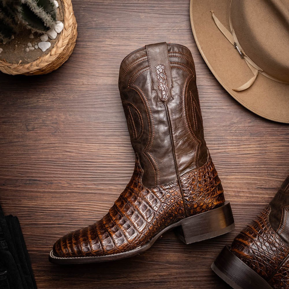 Marco Di Milano Tucson Men's Exotic Cowboy Boots – Genuine Caiman Belly | Aged Brown Square Toe
