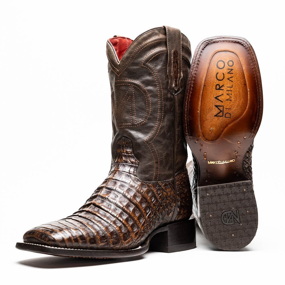 Marco Di Milano Tucson Men's Exotic Cowboy Boots – Genuine Caiman Belly | Aged Brown Square Toe