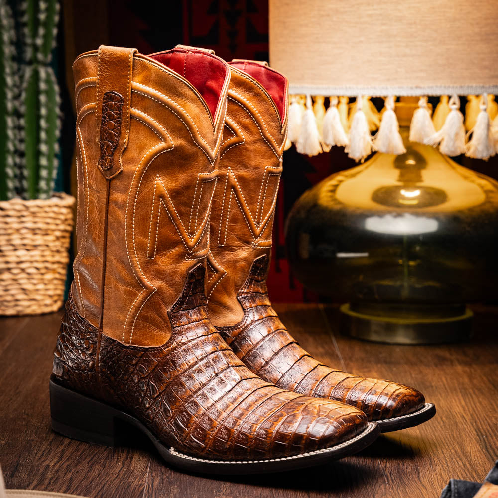 Marco Di Milano Tucson Men's Exotic Cowboy Boots – Genuine Caiman Belly | Aged Maple Square Toe