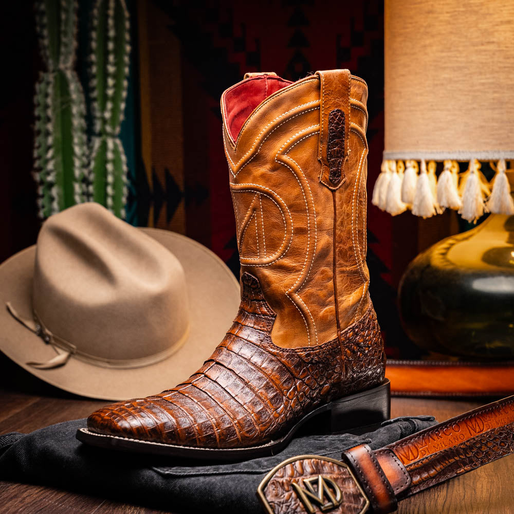 Marco Di Milano Tucson Men's Exotic Cowboy Boots – Genuine Caiman Belly | Aged Maple Square Toe